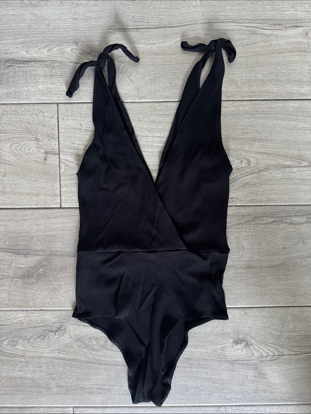 Black Tie-Shoulder Ribbed Reformation Bodysuit